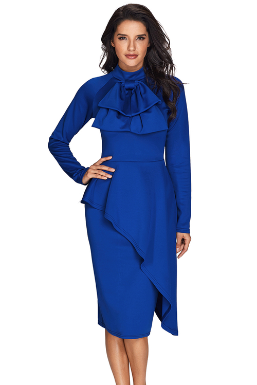 Royal Blue Asymmetric Peplum Style Pussy Bow Dress