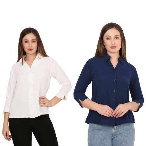 Women Solid Formal Shirt PACK OF 2 WHITE AND BLUE  L