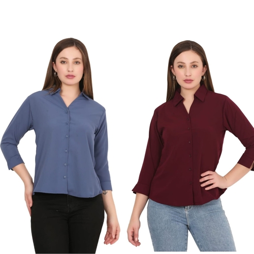 Womens Solid Formal Shirt PACK OF 2 BLUE AND MAROON  M
