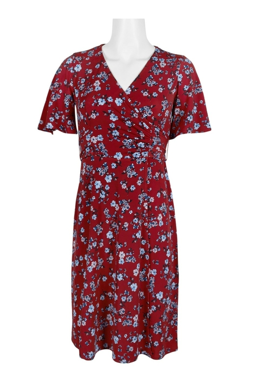 Donna Morgan V-Neck Short Sleeve Ruched Waist Tie Back Floral Print