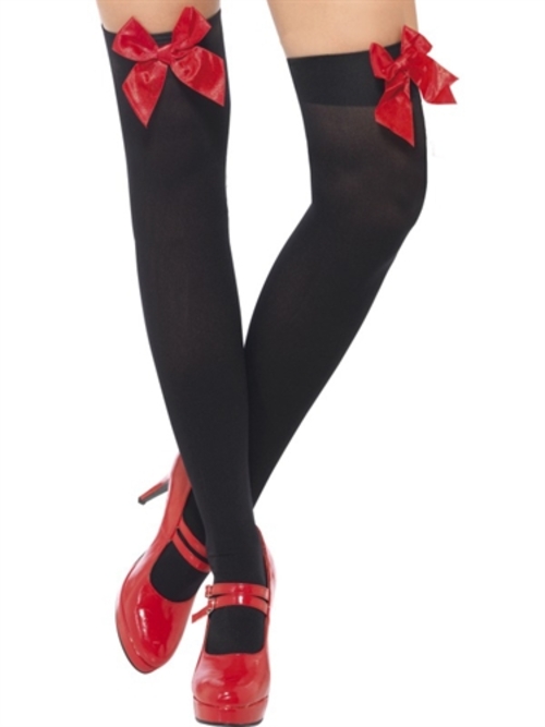 Thigh High Stockings With Red Bow - Black