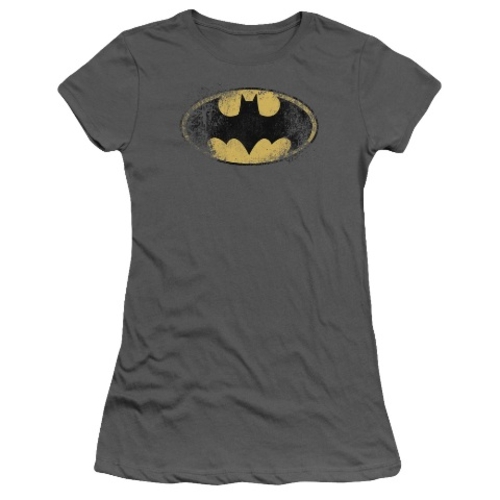 Trevco Batman-Destroyed Logo - Short Sleeve Junior Sheer Tee - Charcoa