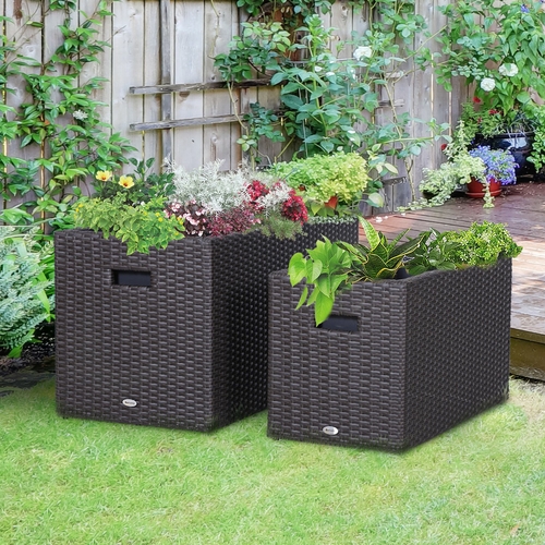 Outsunny 2 PCS Square Plastic Rattan Metal Flower Pot Indoor Outdoor