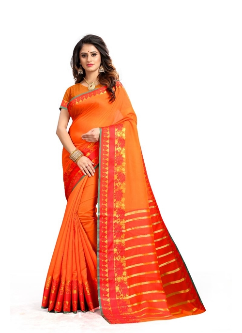 Generic Women's Cotton Silk Saree(Orange, 5.5-6