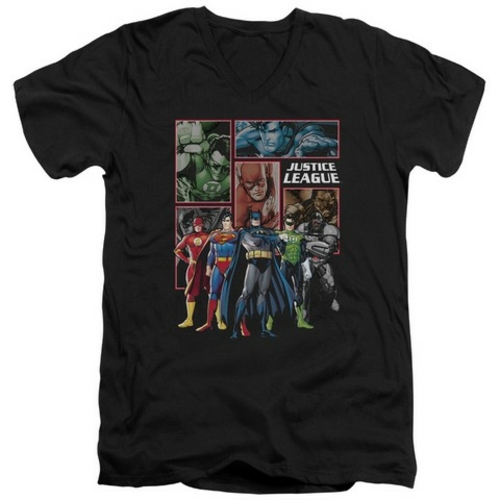 Trevco Jla-New Jla Panels Short Sleeve Adult V-Neck 30-1 Tee- Black - 