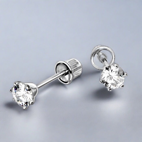 Pair of 14Kt. White Gold Round CZ Earring with Screw Back