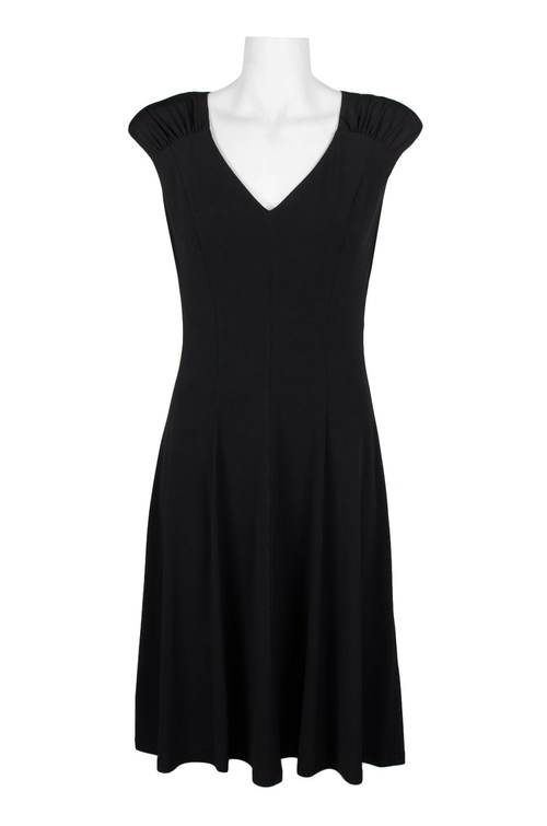 London Times V-Neck Ruched Shoulder Sleeveless A-Line Flutter Jersey