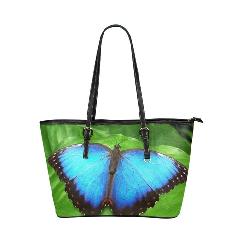 Large Leather Tote Shoulder Bag - Vibrant Blue Butterfly Illustration