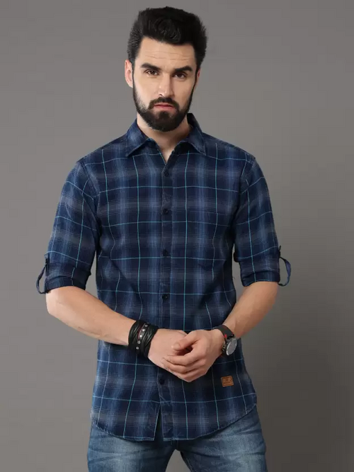 Men Regular Fit Checkered Slim Collar Casual Shirt Dark Blue (Size XL)