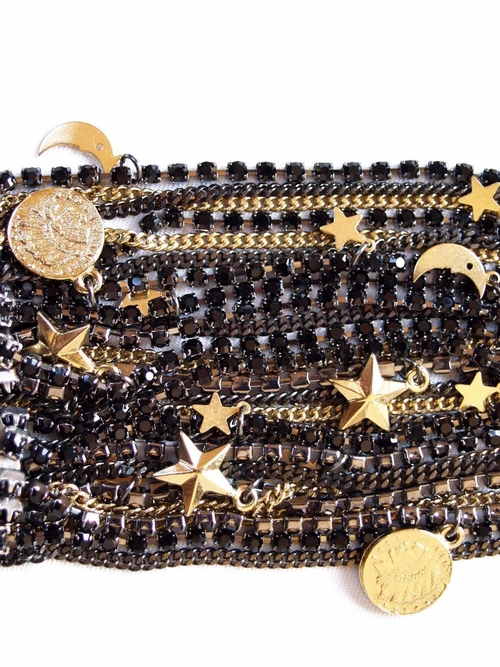 Black Ematite Jet Crystals Cuff Bracelet with 18kt Gold Plated Charms.