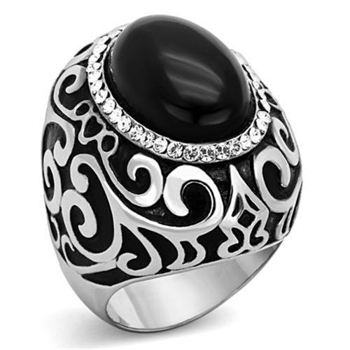 Women High Polished Stainless Steel Ring with Synthetic in Jet - Size 