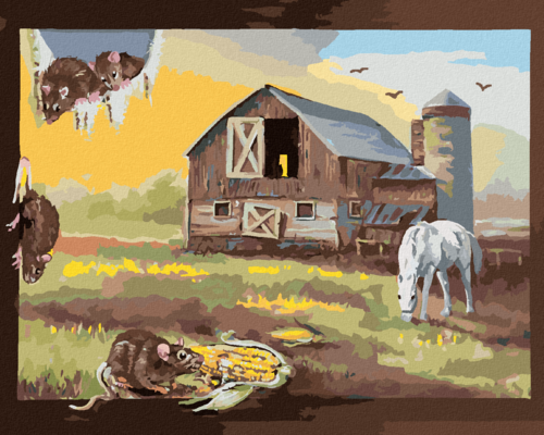 Zuty - Paint by Numbers - RAT IN THE PICTURE OF THE FARM AND HORSES