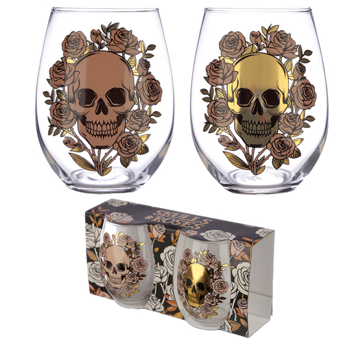 Fun Skulls & Roses Glass Tumbler Set of 2