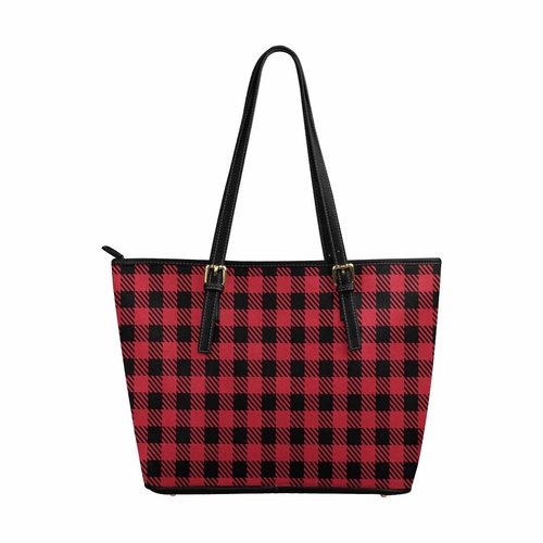 Large Leather Tote Shoulder Bag - Buffalo Plaid Red and Black S954659