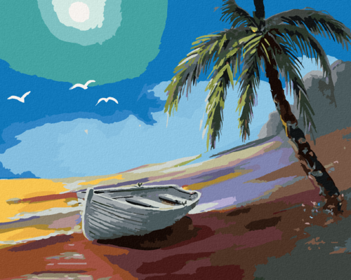 Zuty - Paint by Numbers - BOAT BY THE SHORE AND PALM TREE (D. RUSTY