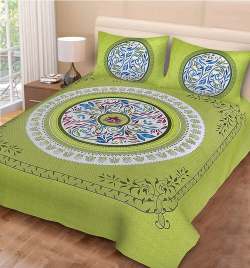 Green Jaipuri Cotton Double Badsheet with Two Pillow Cover (Size