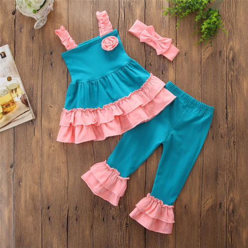 3PCS Kids Baby Girl Blue Sling Flower Corset Skirt