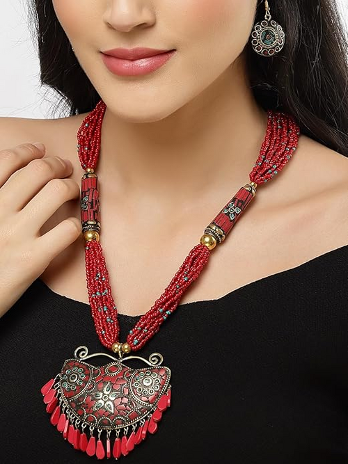 Traditional Tibetan Pendant Necklace Jewellery Set for Women CHERRY