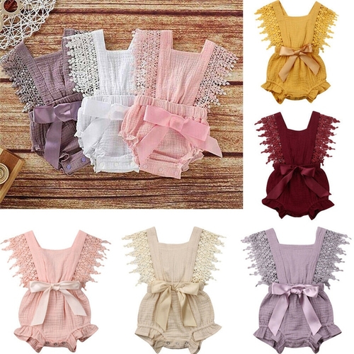 Cute Baby Girl Cotton Linen Romper Lace