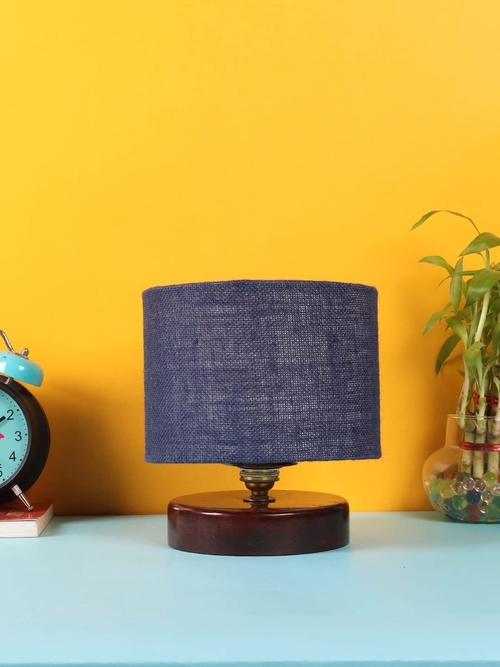 Blue Jute Table lamp with Wood Brown Base