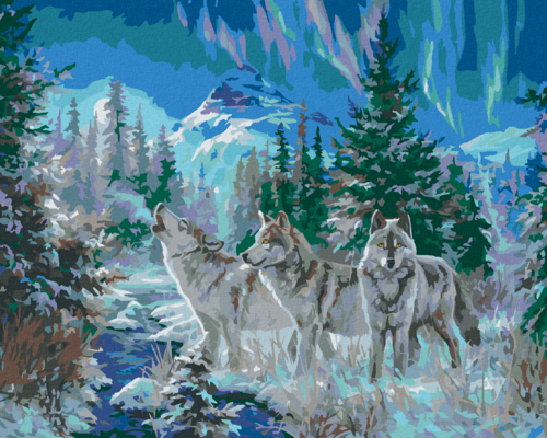 Paint by Numbers - WOLF, MOUNTAINS, RIVER AND AURORA BOREALIS (ABRAHAM