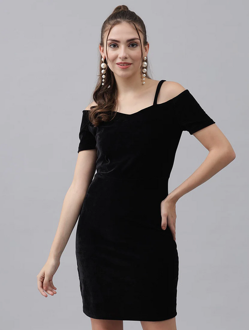 Women Black Velvet Bodycon Dress (Size-XL) (Color-BLACK)