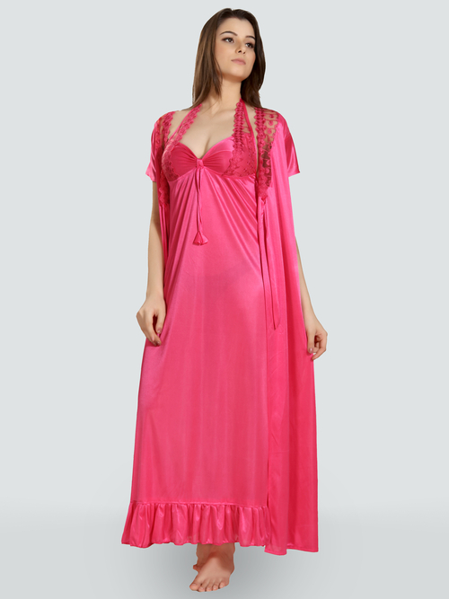 Romaisa Women's Satin Solid Pink Maxi Length Nighty with Robe