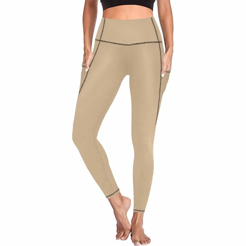Womens Leggings with Pockets - Fitness Pants / Tan Brown