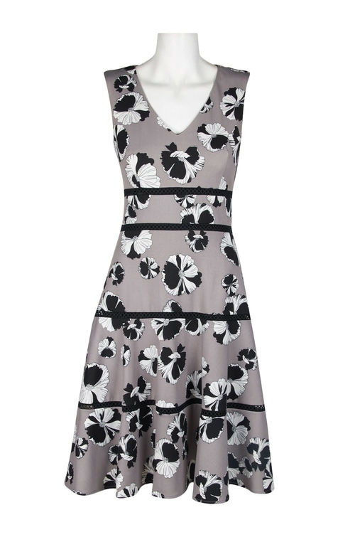 Taylor V-Neck Sleeveless A-Line Zipper Back Floral Stretch Crepe Dress