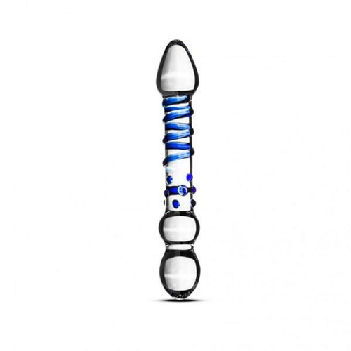 Glass Dildo With Blue Stripes And Dots