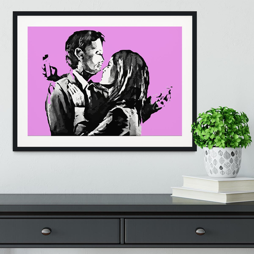 Banksy Mobile Lovers Purple Framed Print