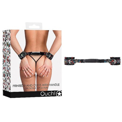 Ouch! Old School Tattoo Style Adjustable Printed Handcuffs With Handle