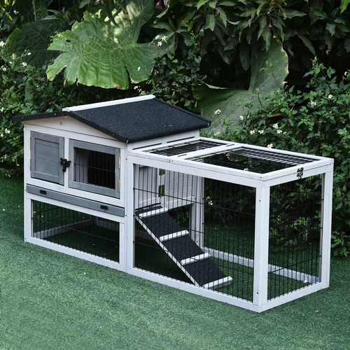 PawHut 2 Tier Rabbit Hutch Wood Pet House Outdoor W/ Ramp