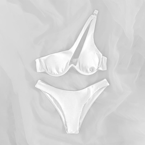 Sexy Triangle Ladies Split Swimsuit Solid Color One Shoulder Underwire