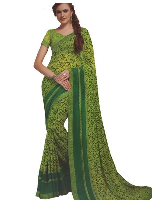 Georgette Digital Printed Saree With Blouse Green