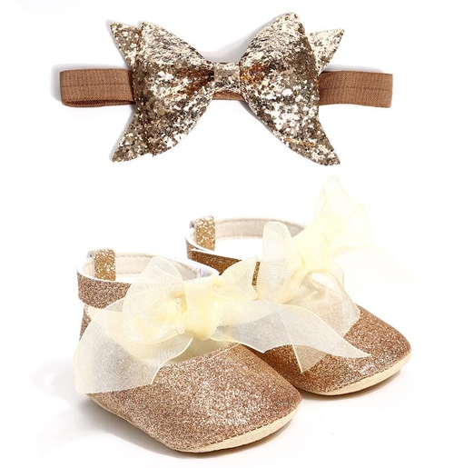 2Pcs/Set Sequins big bow Hairband and soft sole PU