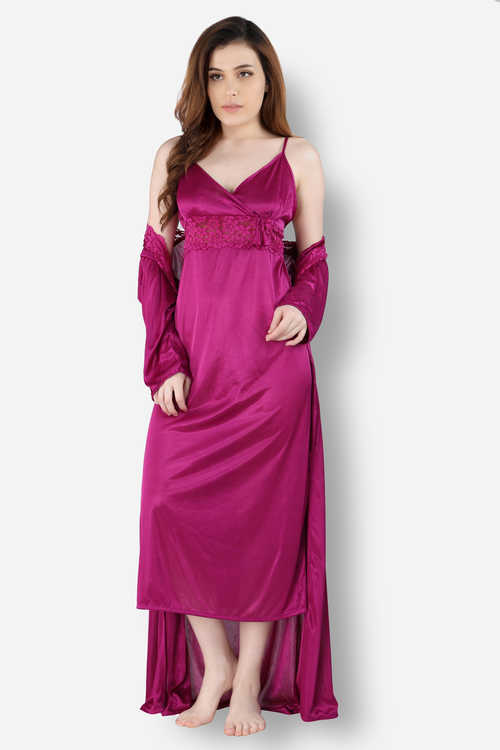 Romaisa Women's Satin Solid Magenta Maxi Length Nighty with Robe