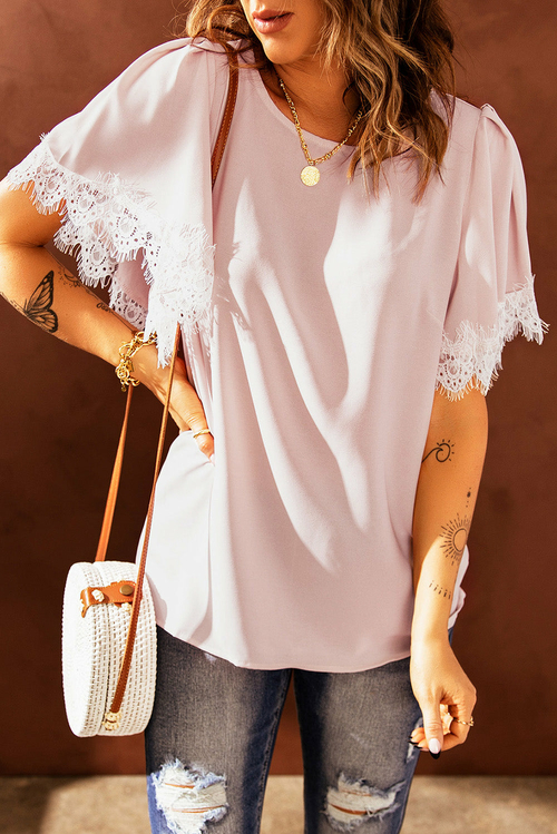 Satin Lace Flutter Sleeve Top