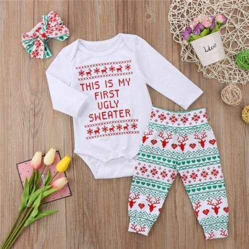 Newborn Baby Boys Girls Bodysuit Pants 3PCS