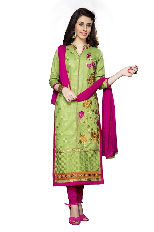 Light Green Cotton Embroidered Straight Suit