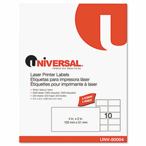 Universal 80004 Laser Printer Permanent Labels- 2 x 4- White- 2500-Box