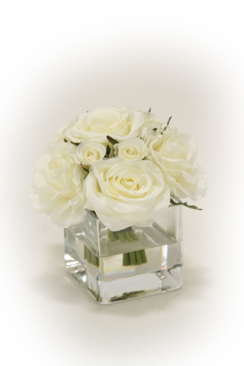 Waterlook R Cream White Rose Bouquet in Glass Square Vase, Neutral