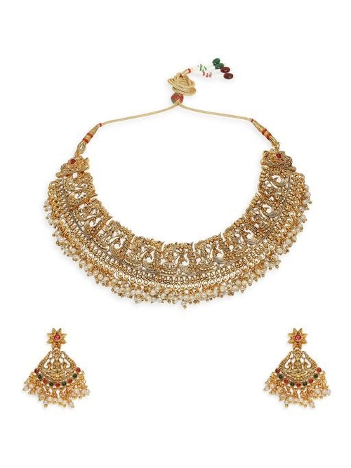 Antique Gold Tone Red & Green Stones Laxmi Necklace Set with Drop