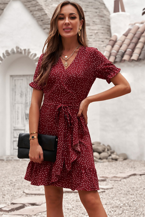 Red Bohemian Dotted Print Wrap V Neck Ruffled Mini Dress