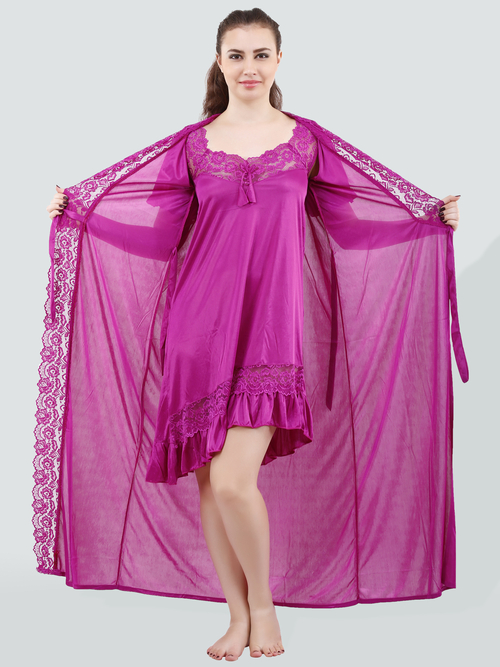 Romaisa Women's Satin Solid Magenta Nighty with Robe