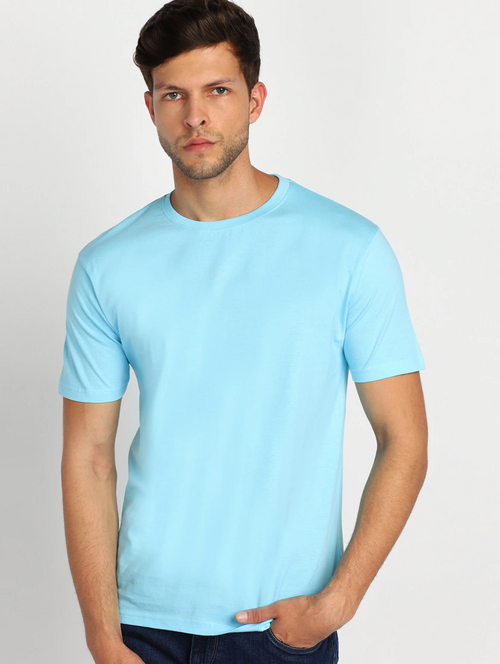 Men Solid Half Sleeves Round Neck Cotton Light Blue T-Shirt (Size M)