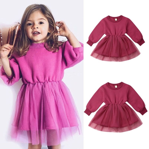 Autumn Toddler Baby Girls Dress Clothes Solid Long