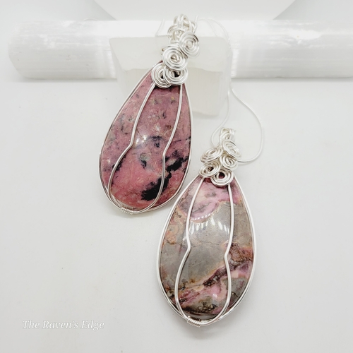 Rhodonite Crystal Teardrop Wire Wrapped Pendant Handmade