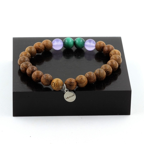 Malachite + Lavender Chalcedony + wood Bracelet 8 mm Beads.