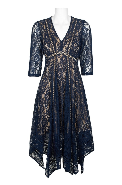 Taylor V-Neck 3/4 Sleeve Bodycon Flutter Zipper Back Floral Lace Dress